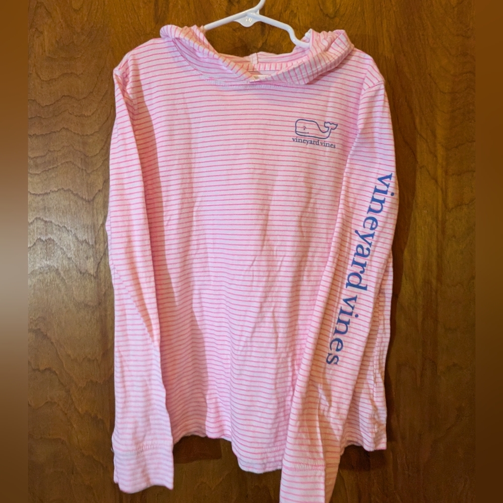 Vineyard Vines Vintage Whale Hoodie Tee Pink and White Striped 10-12